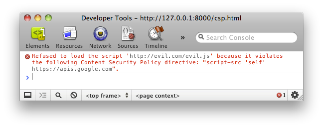 Console error: "Refused to load the script 'http://evil.example.com/evil.js' because it violates the following Content Security Policy directive: "script-src 'self' https://apis.google.com"."