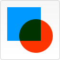 Canvas with an overlapping blue square and red circle. Where the shapes overlap, the color is very dark brown