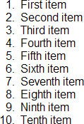 Screenshot of ten-item list, with the markers indented to allow for the 10.