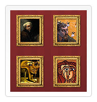 A group of four canvas images, each in a frame, on a brown background