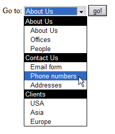 Screenshot of a menu created with a select box, including option groups