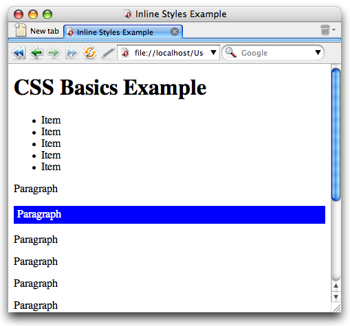 Screenshot of the Opera browser showing an applied inline style sheet