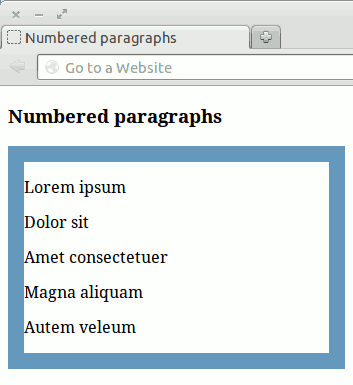 Screenshot of the Mozilla Firefox browser showing paragraph tags within a structural div container