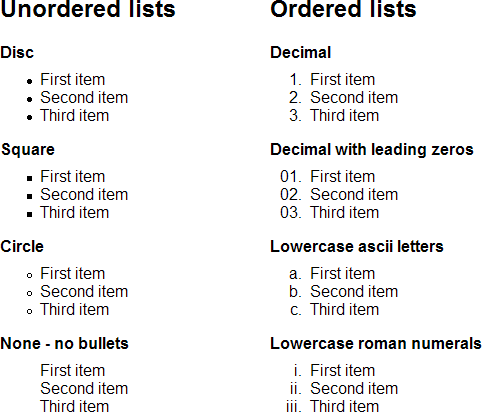Screenshot of some common list types.
