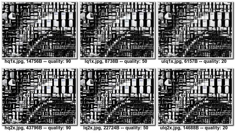Samples of images at different compressions and pixel densities.